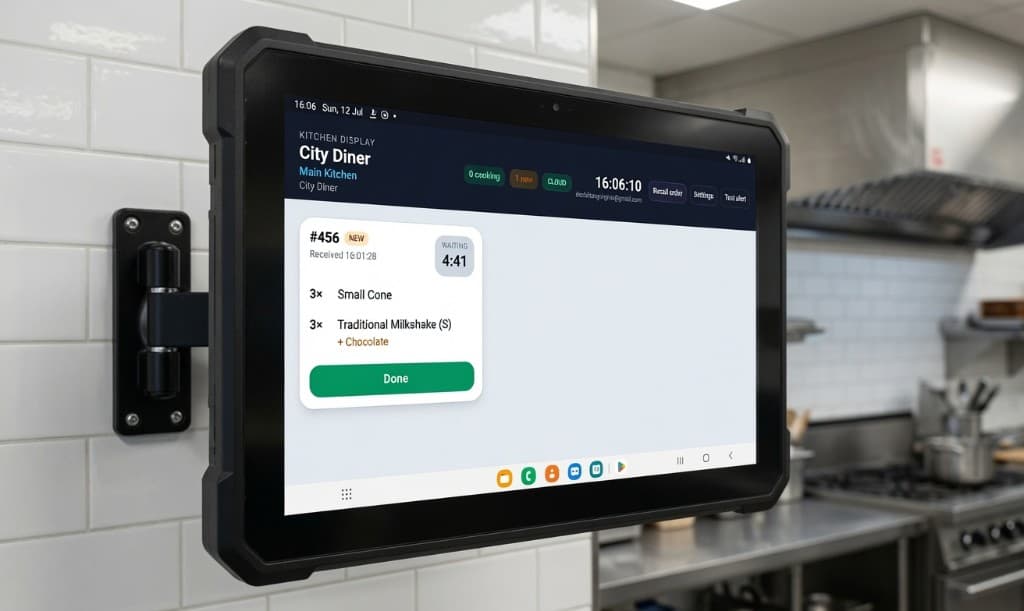 VoltaPOS kitchen display mounted at a kitchen pass, showing a ticket with a modifier and waiting timer.