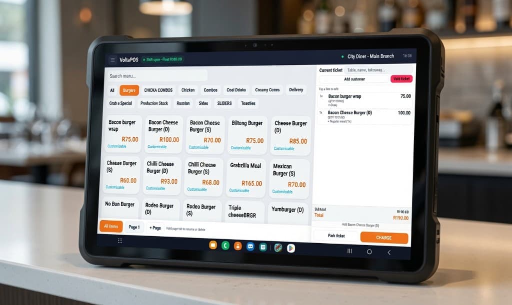 VoltaPOS Android till on a counter — menu, ticket, and charge screen