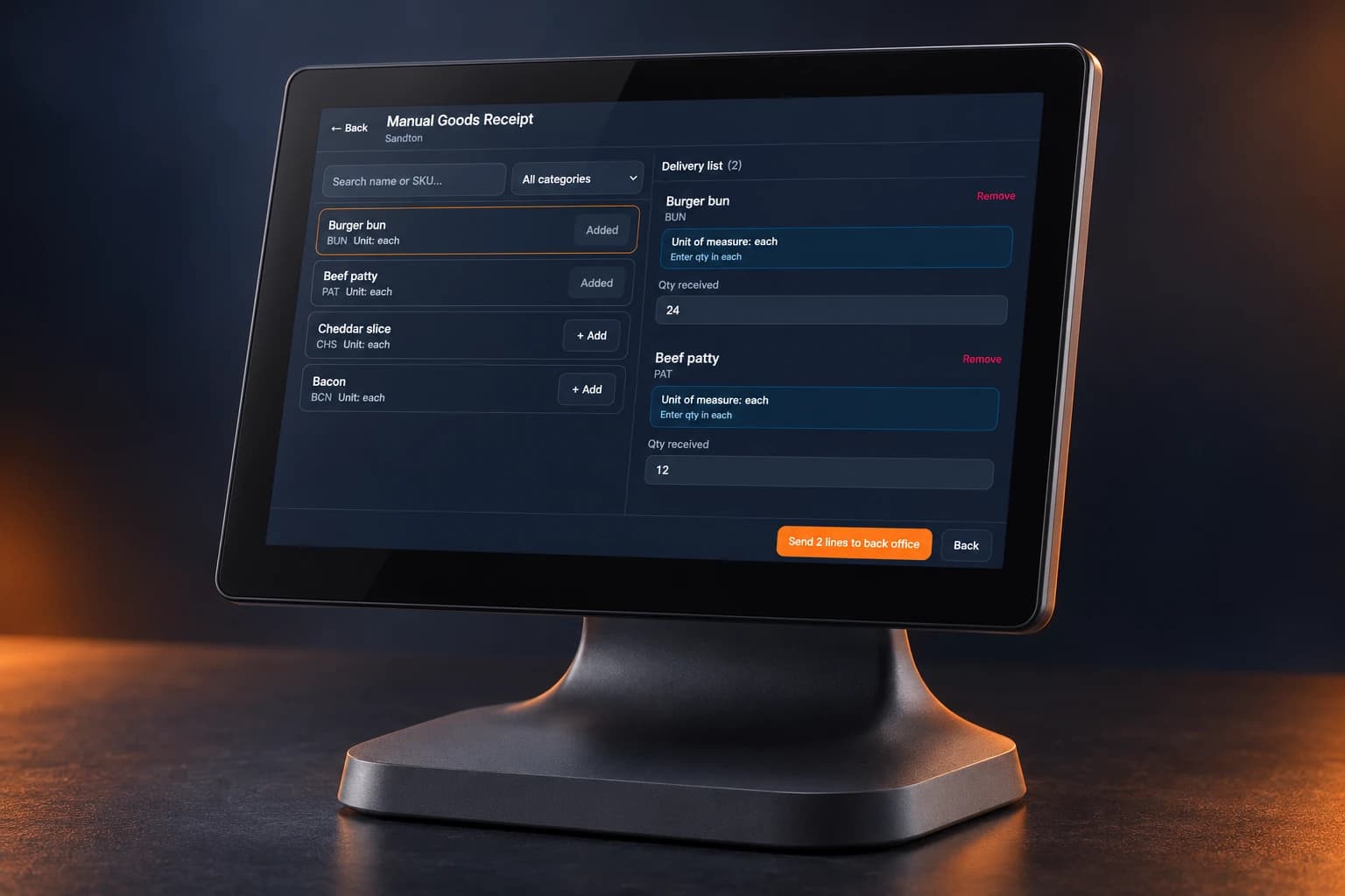 SUNMI T2 Lite photographic mockup showing the VoltaPOS receiving screen with 24 burger buns and 12 beef patties entered as a draft delivery. Sample data.
